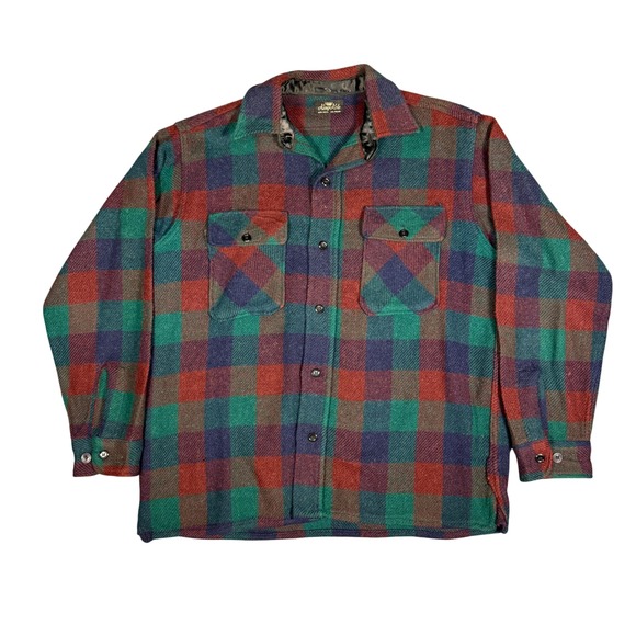 Vintage 60s King Kole Plaid Wool Blend Shirt Jacket Red Green Blue Men L